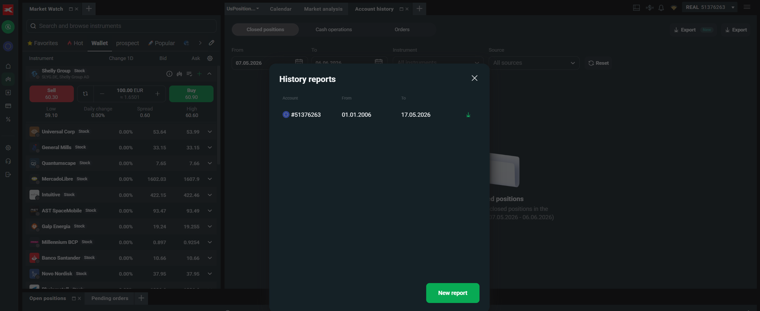XTB xStation 5 — History reports dialog