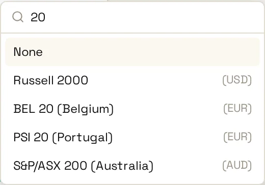 FolioCenter benchmark picker filtered to show BEL 20, PSI 20 and S&P/ASX 200 with their currencies
