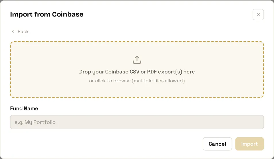 The FolioCenter import dialog with the Coinbase card selected, showing the drop zone for transaction history CSV or PDF exports