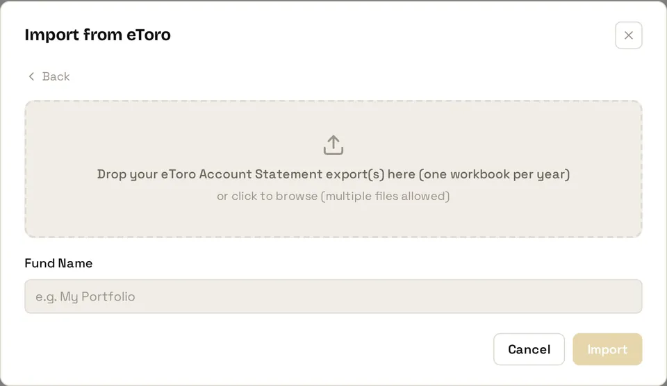 The FolioCenter import dialog with the eToro card selected, showing the drop zone for Account Statement workbooks