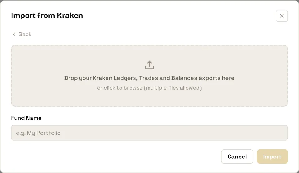 The FolioCenter import dialog with the Kraken card selected, showing the drop zone for Ledgers, Trades and Balances exports