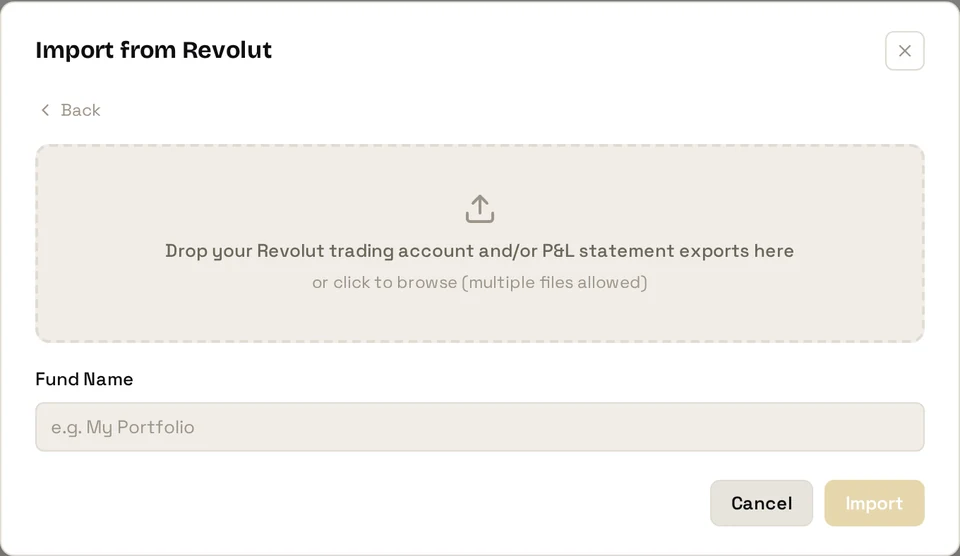 The FolioCenter import dialog with the Revolut card selected, showing the drop zone for the trading account and P&L statement exports