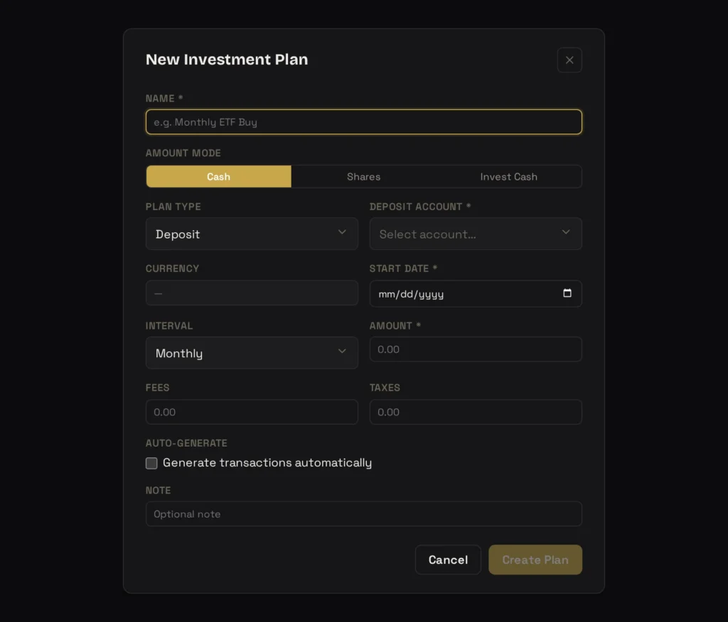 New Investment Plan dialog in Cash mode: plan type, deposit account, start date, interval, amount, fees, taxes and auto-generate