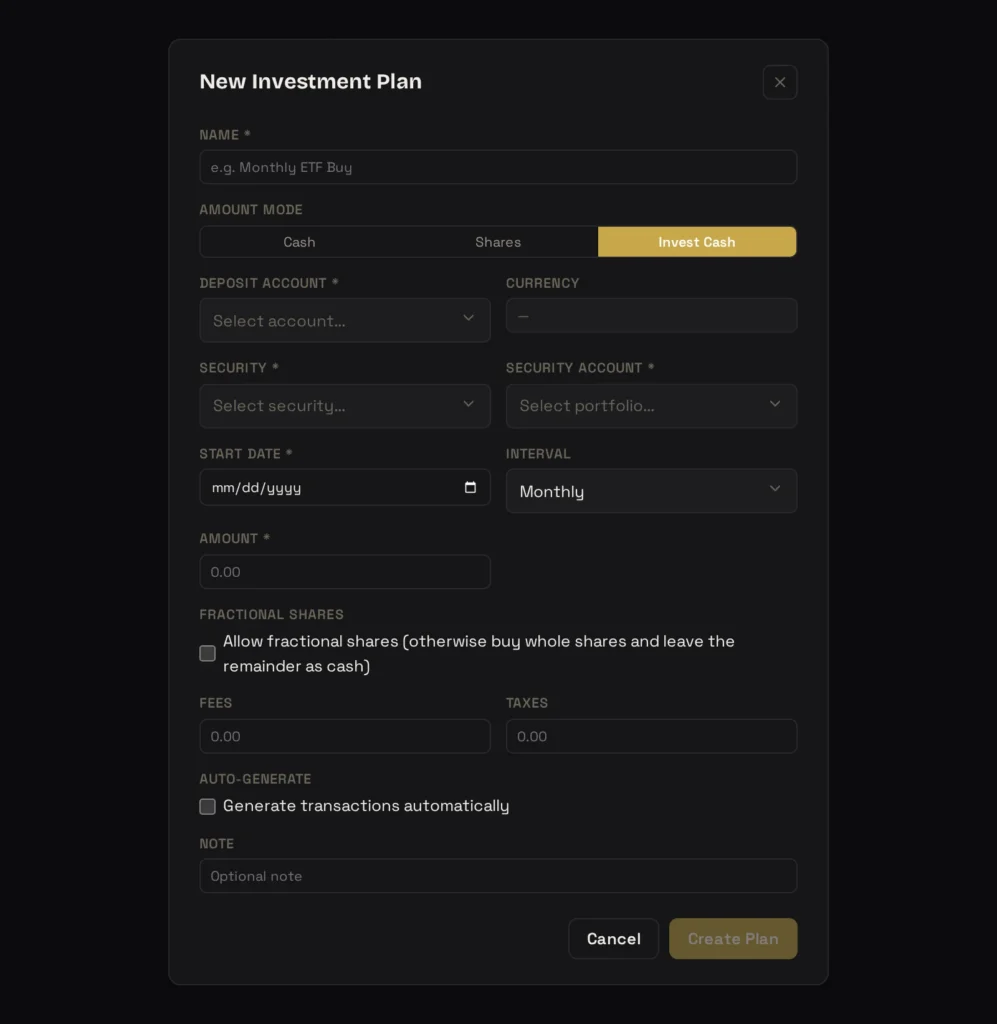 New Investment Plan dialog in Invest Cash mode: deposit account, security, security account, interval, amount, fractional shares and auto-generate