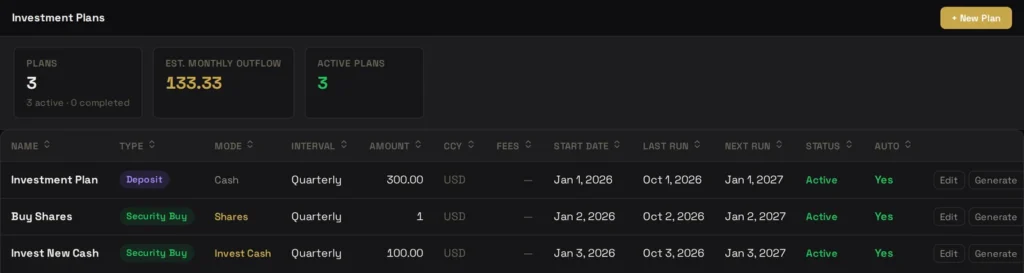 FolioCenter Investment Plans: three quarterly plans — a cash deposit, a fixed share purchase and a fixed cash amount invested — with last and next run dates