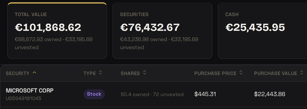 FolioCenter statement of assets showing value split into owned and unvested