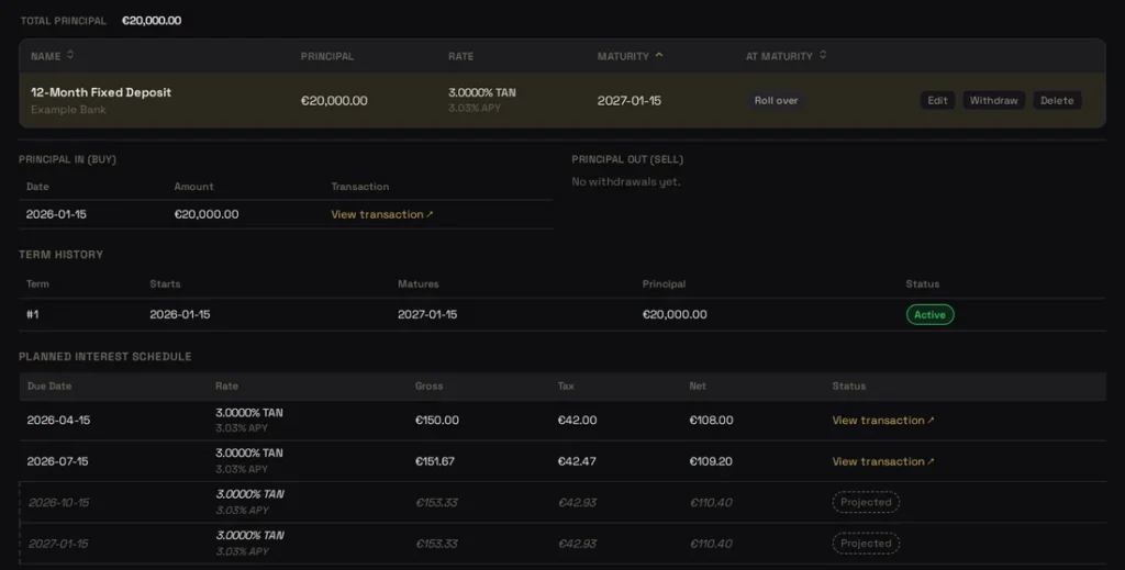FolioCenter fixed-term deposit with its principal movement, term history and planned interest