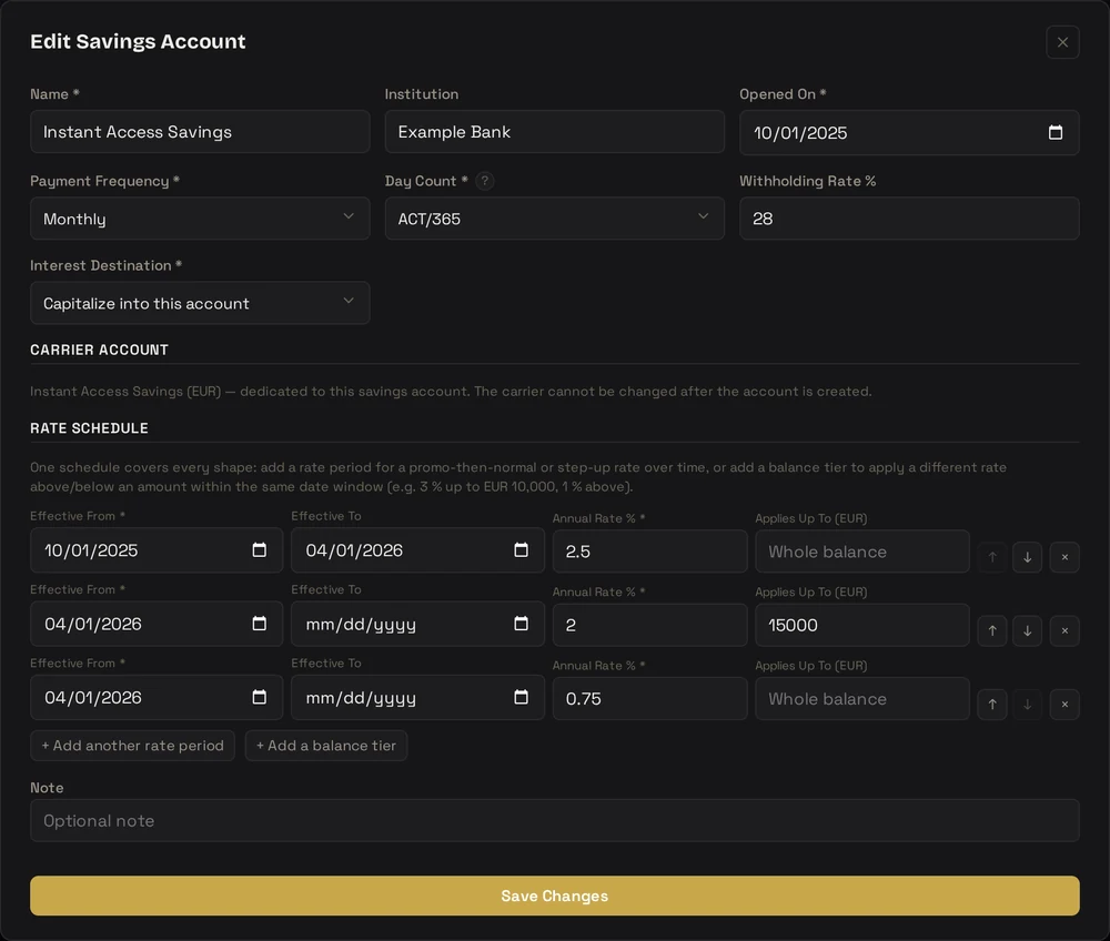 FolioCenter savings account form with a promotional rate period followed by two balance tiers